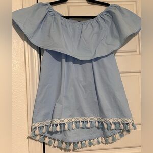 Anna Lane Baby Blue Pom Pom off the shoulder short. Size Medium